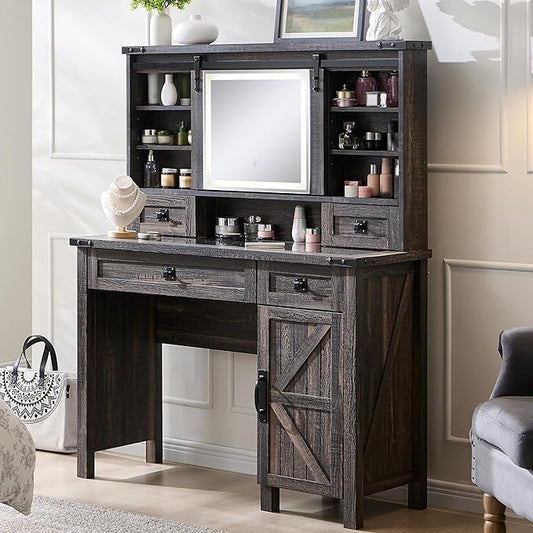 T4TREAM Farmhouse Makeup Vanity Desk with Sliding Mirror and Lights, 42'' Glass Tabletop Vanity Table with 2 Drawers & Shelves, Rustic Big Vanity Set for Bedroom, Dark Rustic Oak