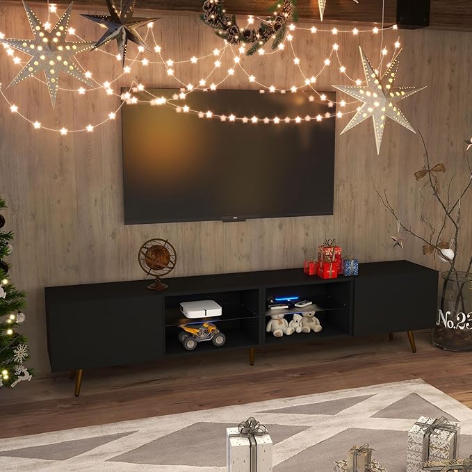 Bonzy Home 86" TV Stand, Modern Entertainment Center for 75" TV, Television Console Table with Storage Cabinets for Living Room, Black