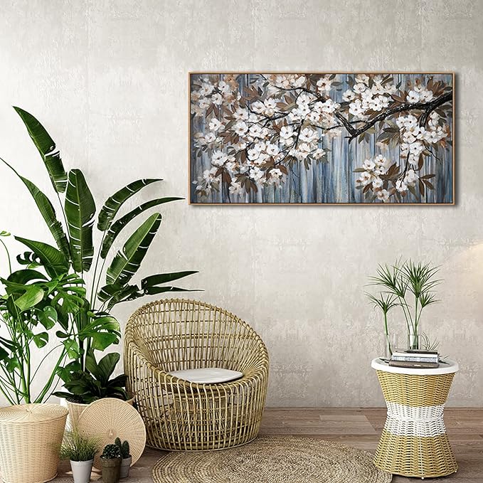 Large Canvas Framed Wall Art White Flowers Modern Canvas Wall Pictures for Living Room, Bedroom Family Wall Decor Decoration, Size 24x48 Wall Art(With Soild Wood Dark Framed)