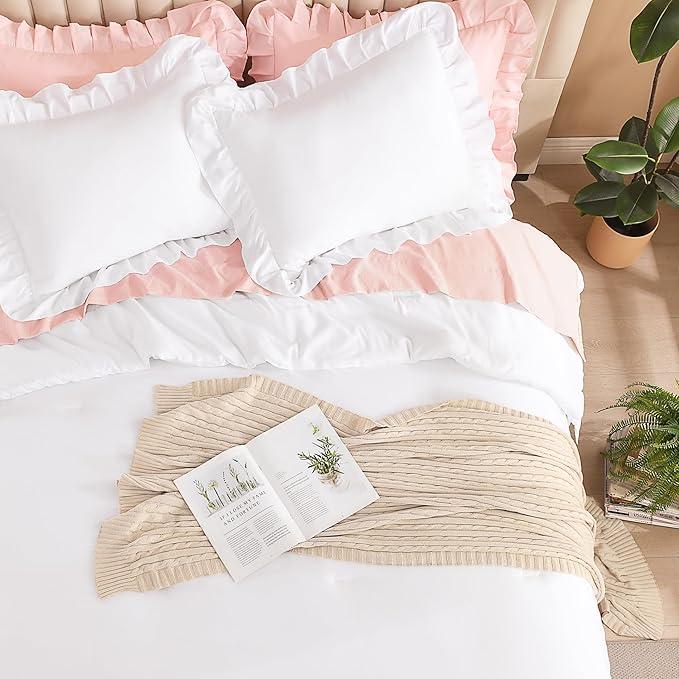 Litanika White Twin Size Comforter Sets, 3 Pieces Ruffle Farmhouse Aesthetic Bedding Comforter Sets, All Season Soft Lightweight Fluffy Microfiber Bed Set(66x90In Comforter, 1 Pillowcase)