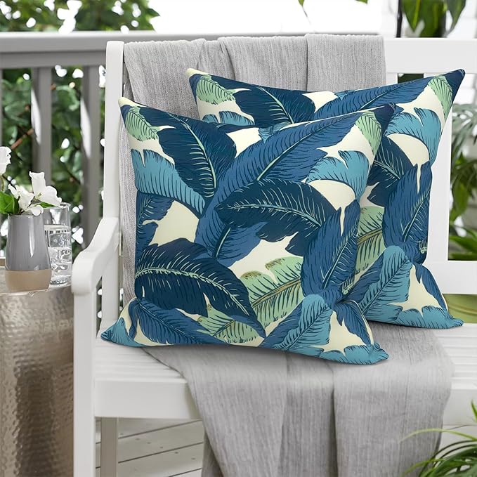 Pack of 2 Patio Throw Pillow Covers ONLY, Water Repellent Cushion Cases 20x20 Inch, Square Pillowcases for Outdoor Couch Decoration, Swaying Palms Blue