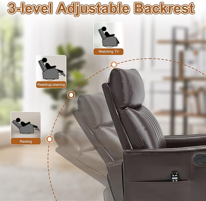 Manual Swivel Rocker Recliner Chair for Adults, Overstuffed Recliner Glider with Massage and Heat, Living Room Reclining Chair, PU Leather Dark Brown