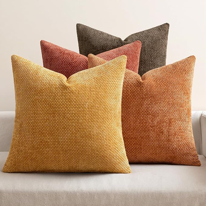 MIULEE Pack of 4 Fall Orange/Yellow Couch Throw Pillow Covers 18x18 Inch Halloween Soft Decorative Chenille Pillows Farmhouse Accent Cushions for Boho Home Decor Spring Sofa Bedroom Living Room