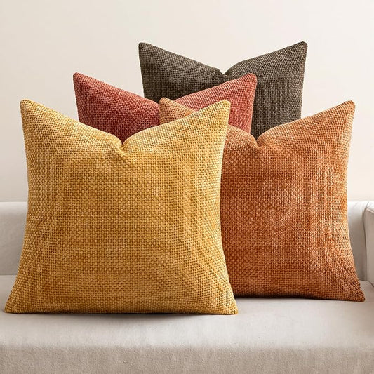 MIULEE Pack of 4 Fall Orange/Yellow Couch Throw Pillow Covers 18x18 Inch Halloween Soft Decorative Chenille Pillows Farmhouse Accent Cushions for Boho Home Decor Spring Sofa Bedroom Living Room