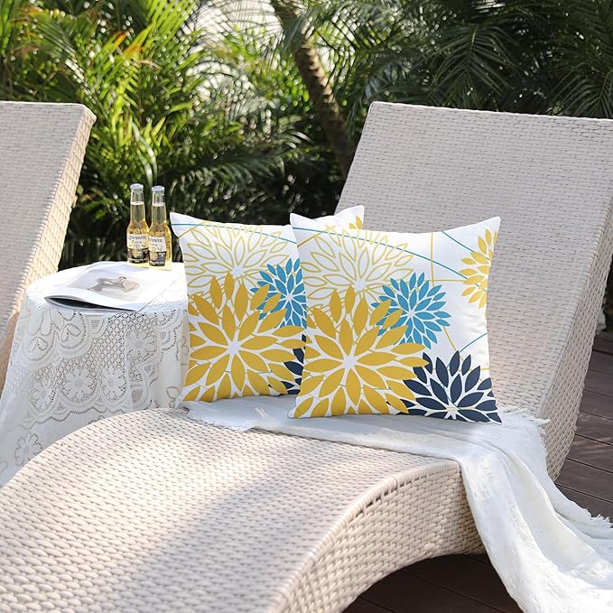 Yellow and Dark Blue Floral Pillow Covers 18x18 Set of 2 Outdoor Waterproof Decorative Throw Pillows Summer Pillow Covers Polyester Cushion Case Decor for Couch Patio Funiture Garden Porch 011B18