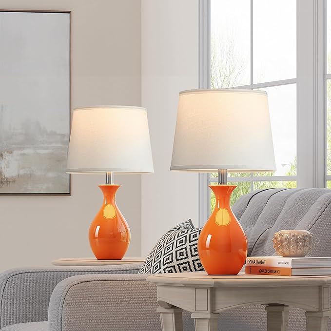 PARTPHONER Table Lamp Set of 2, Modern Ceramic Bedside Lamps for Night Stands, Classic Small Lamp Nightstand Lamp for Bedroom Living Room Desk End Table Rocker Swtich Orange