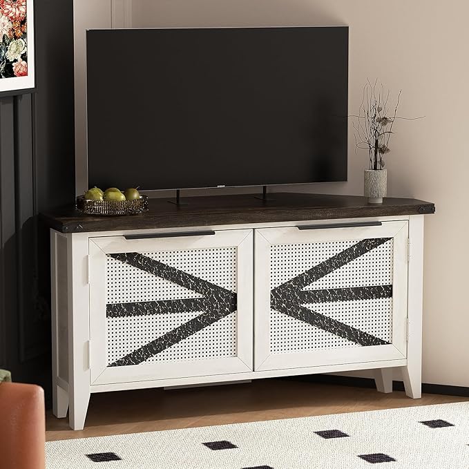 VFK Farmhouse Corner TV Stand for 50 Inch TV, Rustic Entertainment Center with Storage, Space-Saving Media Console Table for Living Room & Bedroom