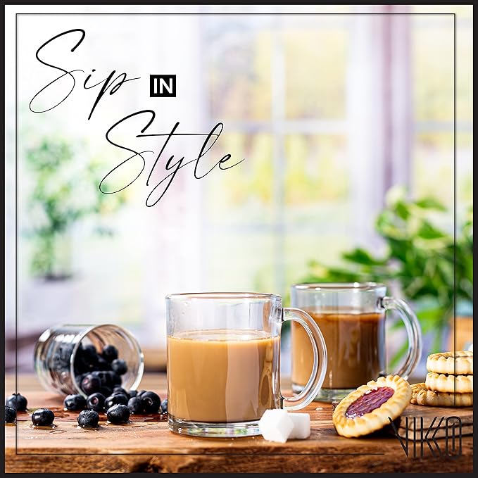 Vikko 10.75 Ounce Clear Glass Coffee Mugs - Set of 12, Microwave and Dishwasher Safe