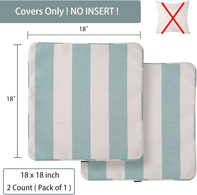 Outdoor Throw Pillow Covers 18x18 Inch, Set of 2, Cover Only! Waterproof Fade Resistant Decorative Cushion Sham Pillow Cases for Patio Furniture Chair Couch Sofa - Teal Ivory Striped