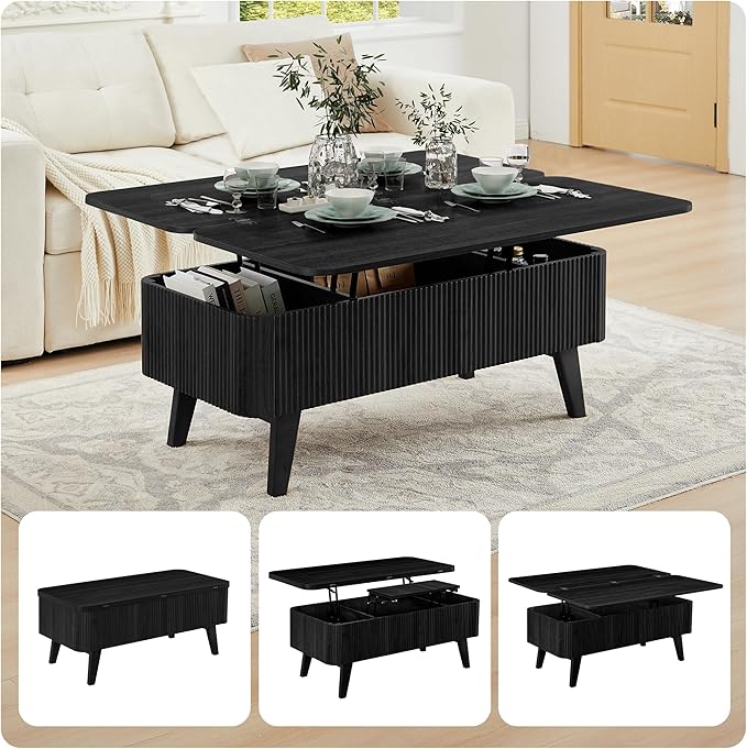 3 in 1 Lift Top Coffee Table, Fluted Convertible Coffee Tables Converts to Dining Tables, Modern Oval Wooden Center Table with Storage for Living Room Office Small Space, Partial Assembly (Black)
