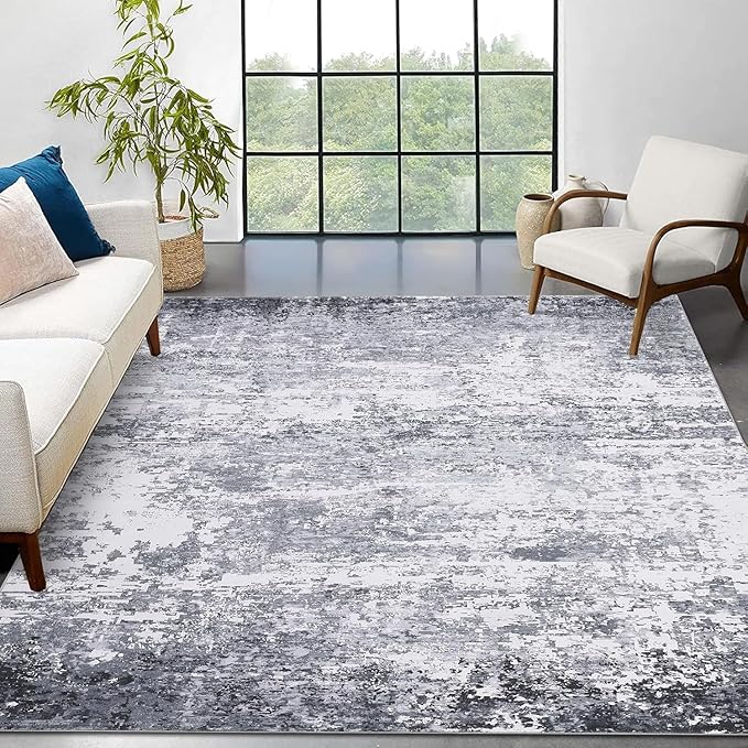 Modern Abstract Rug 3x5 Washable Rug Non Slip Stain Resistant Rug for Bedroom Living Room Non Shedding Low Pile Indoor Floor Cover, Light Grey
