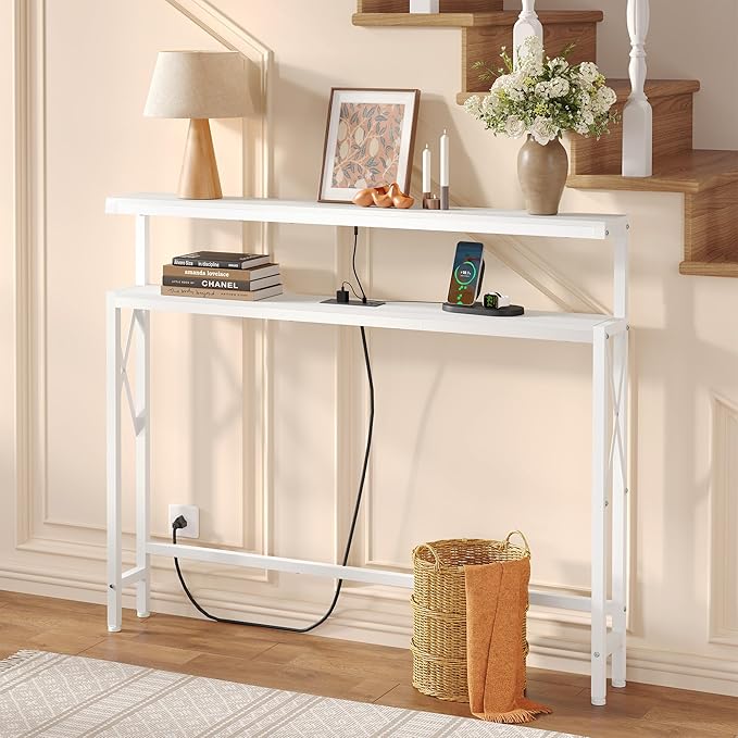 FAVOOSTY 46.8" Skinny Console Table with Charging Station and LED Light,5.9" Narrow Sofa Table with Power Outlets and Type C & USB Port, Behind Couch Table for Living Room, Hallway, EntryWay, White