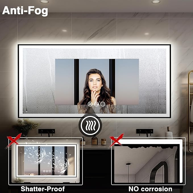 72x32 LED Bathroom Vanity Mirror - Black Aluminum Framed (Front and Backlit), Anti-Fog Large Mirror with Lights,Stepless Dimmable Lighted Mirror,3 Colors Smart Mirror(Horizontal/Vertical)