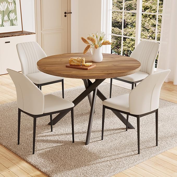 45.3'' Walnut Round Dining Table Set for 4, Mid Century Modern Small Coffee Set for Dining Room Kitchen Apartment (Light Walnut + 4 White Chairs)