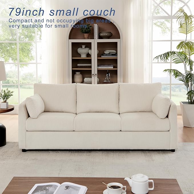 79 inch Sofa for Living Room,Mid Century Modern Couch with Big Pockets, Corduroy Couch with Three Cushions and Solid Wood Frame for Apartment and Small Spaces (Beige, Sofa)