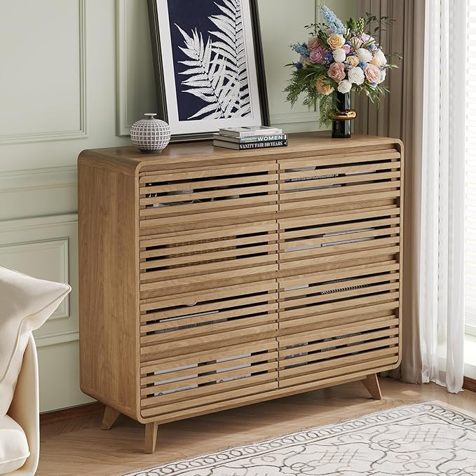 Fluted Dresser for Bedroom, Wide 8 Drawers Dresser, Chests of Drawers with Grille & Curved Design, Dressers Slides Pre-Installed, Large Wood Drawer Organizer for Bedroom Hallway, Natural Oak