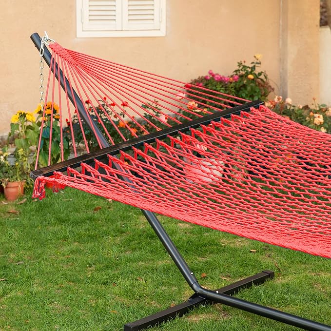 PNAEUT Double Hammock with Stand for Outside, Rope Hammocks with Hardwood Spreader Bar 2 Person, 12ft Heavy Duty Stand, Extra Pillow, Max 475 lbs Capacity (Wine)