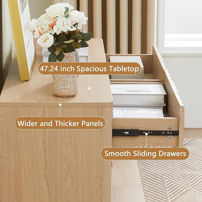 Fluted Double Dresser for Bedroom with 6 Drawers,47" Wide Modern Chest of Drawers,Curved Profile Wood Storage Dressers TV Stand,Wooden Closet Clothes Storage Organizer for Living Room Hallway, Natural