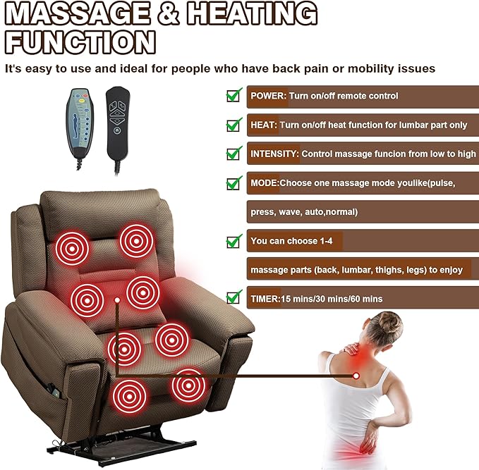 28 Inch Extra Wide Recliner Lay Flat 180°, Big Man 400lbs Oversized, Power Lift Recliner with Heat and Massage for Elderly, Large Heavy Duty Recliners with Cup Holders and Wireless Phone Charger