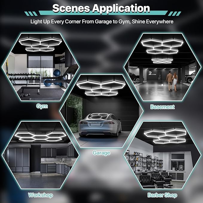 Hexagon Garage Lights: 168W 25 Pack 5 Grids LED Garage Lights - Easy Install 6500K Super Bright Honeycomb Light for Workshop Warehouse Car Detailing Shop Exhibition Hall Gym