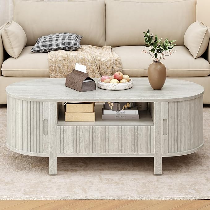 47.2 Inch Oval Coffee Table with Storage, Mid Century Modern Coffee Table with Drawer, Center Table with Sliding Door and Wood Fluted Handle for Living Room, Natural White