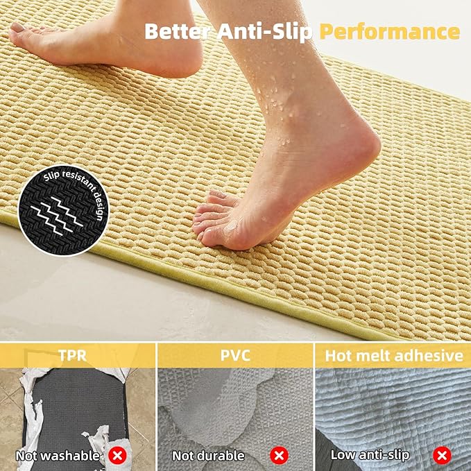 Non Slip Washable Bath Mat, Super Absorbent Chenille, Low Pile - Yellow, 24"x70'