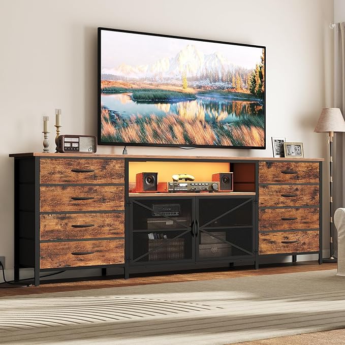 71" TV Stand Dresser for 85/80/75 Inch TV with Power Outlets and LED Lights, Long Dresser with 8 Fabric Drawers, Large Entertainment Center TV Console with Mesh Door for Bedroom, Rustic Brown