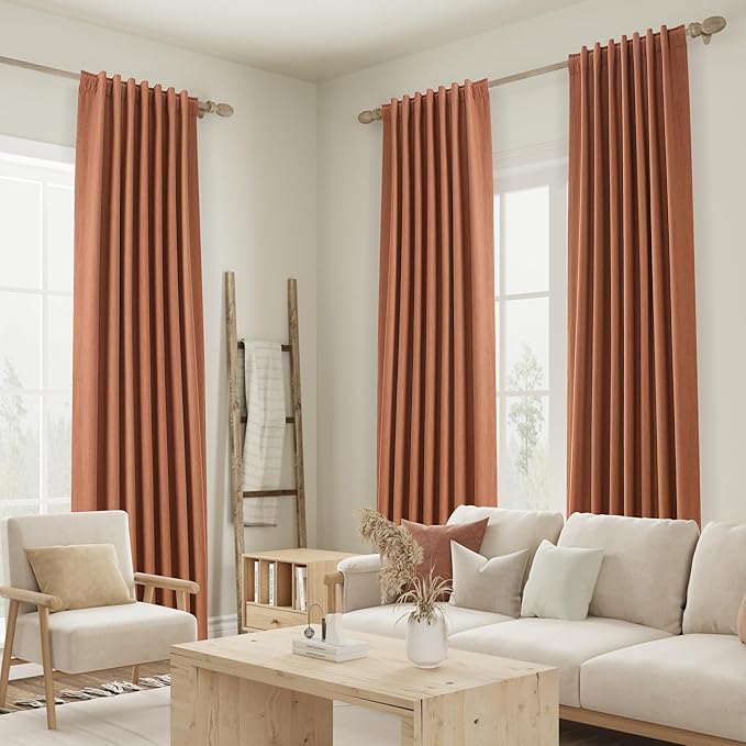 Guken Terracotta Linen Blackout Curtains 108 Inch Length 2 Panels Set for Living Room Bedroom Back Tab Thermal Insulated 100% Black Out Linen Drapes Room Darkening Window Curtains 108 Inches Long