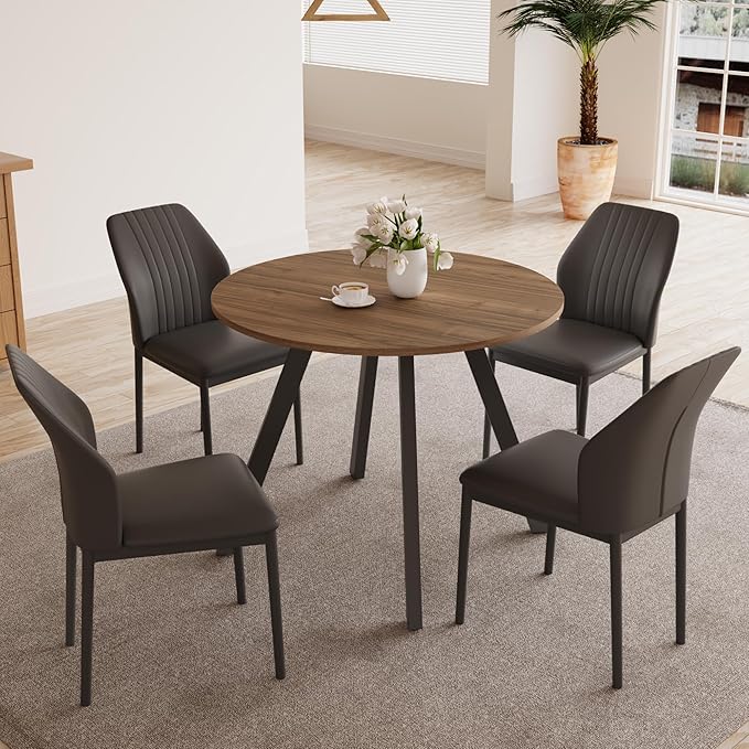34.6'' Round Dining Table and Chairs for 4 Space Saving for Apartment Kitchen Dining Room (Walnut Table+4 Black Chairs)