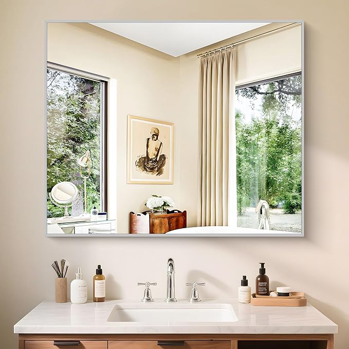 KOCUUY Silver Framed Mirror, 30"x36" Rectangle Bathroom Mirror for Wall, HD Tempered Glass, Anti-Rust Frame, Modern Design for Bathroom, Bedroom, Living Room, Entryway