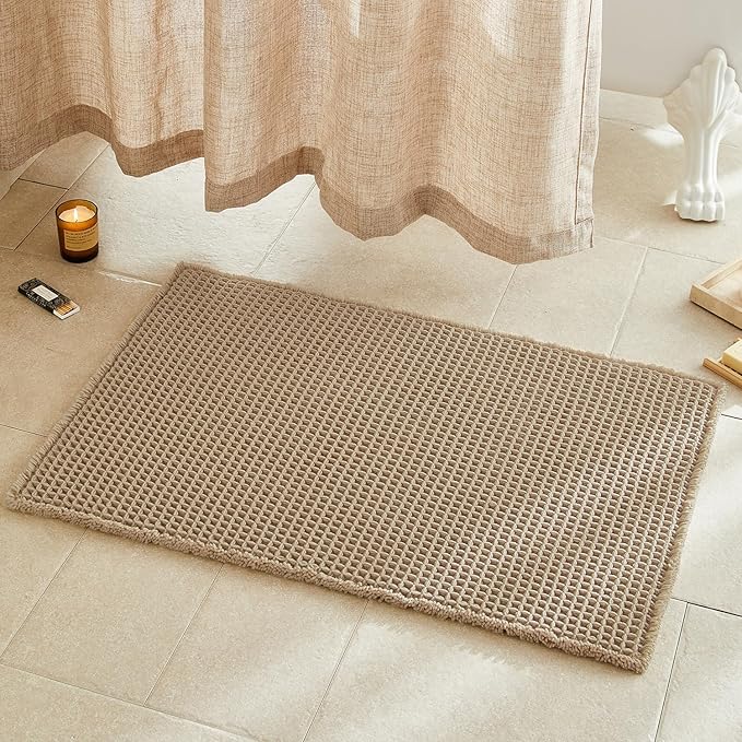 Waffle Bath Mat, Boho Bathroom Rugs Non Slip Washable Super Absorbent Quick Dry Farmhouse Bathroom Decor, 36"x24" Khaki