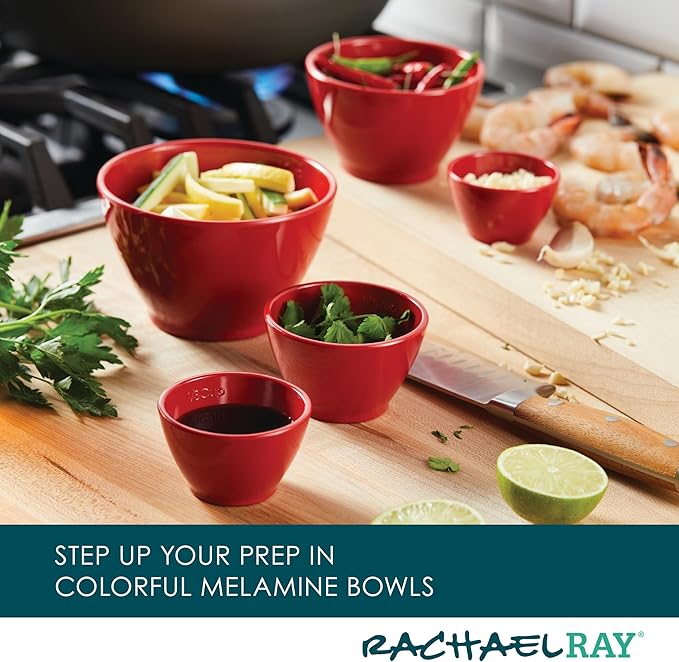 Rachael Ray Pantryware Nesting Mixing Bowls with Built-in spouts and Handles and Measuring Cups For Space-saving storage, Utensil Set, Dishwasher Safe, 10 Piece, Red