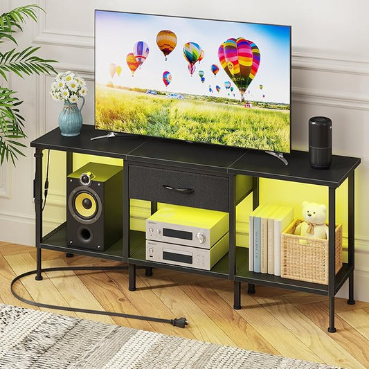 LED TV Stand with Power Outlet and Fabric Drawer for 55 50 45 Inches TV - Entertainment Center and Industrial TV Console Table for Living Room, Bedroom- 47" Black