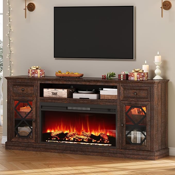 Farmhouse 70" Fireplace TV Stand with 37" Electric Fireplace, Large LED Entertainment Center with Storage for 80" TVs, TV Console Cabinet with Diamond Door for Living Room, Brown