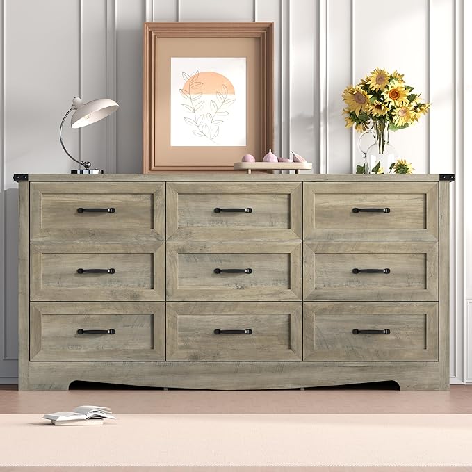 Dresser for Bedroom, 59'' Wide Chest of Drawers with Natural Wood Texture, 9 Drawer Dresser for Closet with Metal Handles, Sleek Storage Solution for Living Room, Office, Hallway, Grey