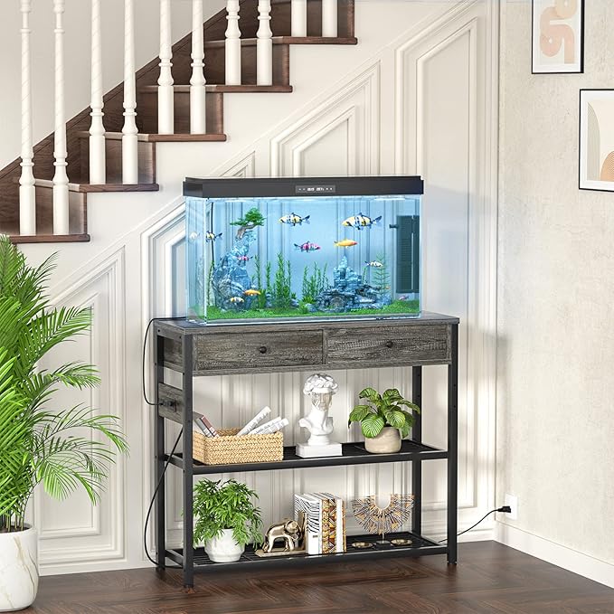 Ecoprsio Entryway Table with Outlets and USB Ports, Small Console Table with 2 Drawers, Sofa Table with Storage Shelves for Living Room, Couch, Hallway, Foyer, Kitchen Counter, 32'', Grey Oak