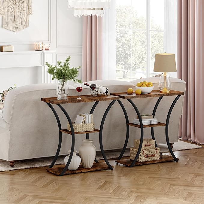 Hoctieon 3 Tier Console Table with Open Wood Shelves, Decorative Entryway Table with Curved Metal Frames, Narrow Sofa Table for Entrance, Living Room, Hallway, Rustic Brown+Black