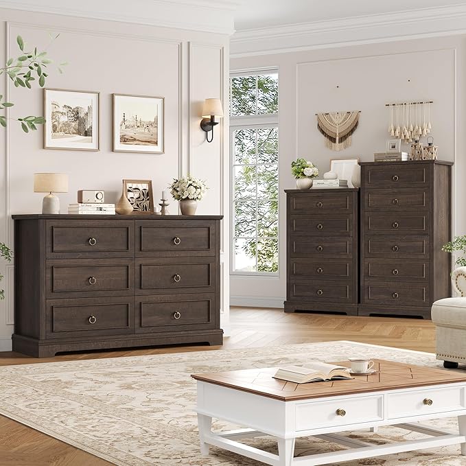 HOSTACK 6 Drawer Dresser for Bedroom, Modern Farmhouse Chest of Drawers for Bedroom, 47.2" Wide Wooden Double Dresser, Dark Wood Storage Cabinet for Living Room, Entryway, Hallway, Dark Brown