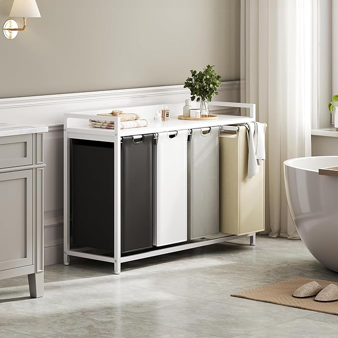 Laundry Hamper with Shelf, Laundry Basket 4 Section, Laundry Sorter with Pull-Out Removable Large 4 Color Bags and Movable Wheels, Metal Frame, 4 x 15.87 Gallons (60L), White PF07XLE