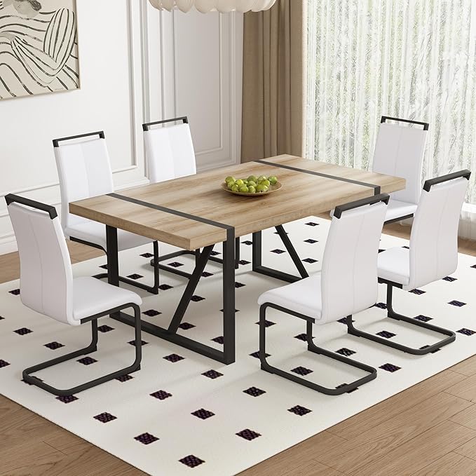 Dining Table Chairs Set for 6, Modern Rectangular Dining Room Table Set PU Leather Upholstered Dining Chairs 71" Dinner Table Set for Kitchen (White, 71 Inch Brown Table+6 Chairs)