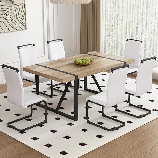 Dining Table Chairs Set for 6, Modern Rectangular Dining Room Table Set PU Leather Upholstered Dining Chairs 71" Dinner Table Set for Kitchen (White, 71 Inch Brown Table+6 Chairs)