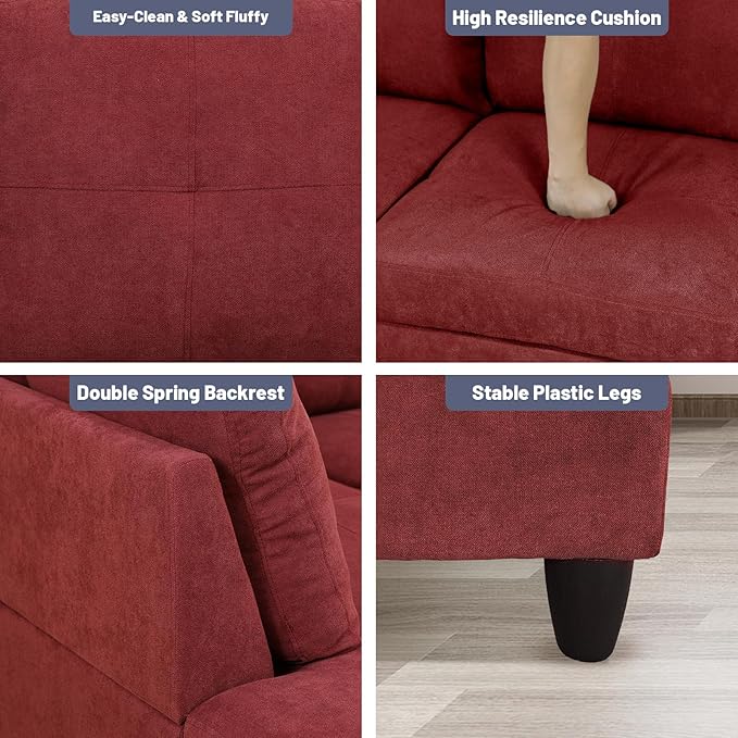 L-Shape 3-Piece Cloud Sofa, Couch for Living Room, Red Fluffy Fabric L-Shape with Reversible Chaise & Storage Ottoman, Ergonomic 110–115° Recline, Solid-Wood Frame