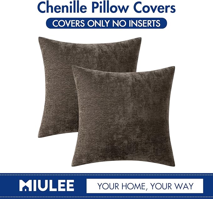 MIULEE Pack of 2 Brown Decorative Pillow Covers 20X20 Inch Soft Chenille Couch Throw Pillows Farmhouse Cushion Covers for Home Decor Sofa Bedroom Living Room
