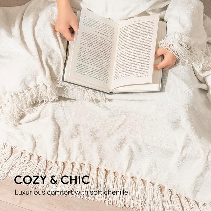 RECYCO Throw Blanket Soft Cozy Chenille Throw Blanket with Fringe Tassel for Couch Sofa Chair Bed Living Room (Ivory White, 60" x 80")