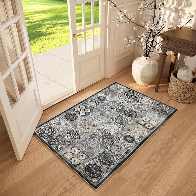 Washable Entryway Rug 3'x5 Non-Slip Backing Vintage Indoor Rug Low Pile Lighrweight Carpet for High-Traffic Indoor Entrance & Kitchen