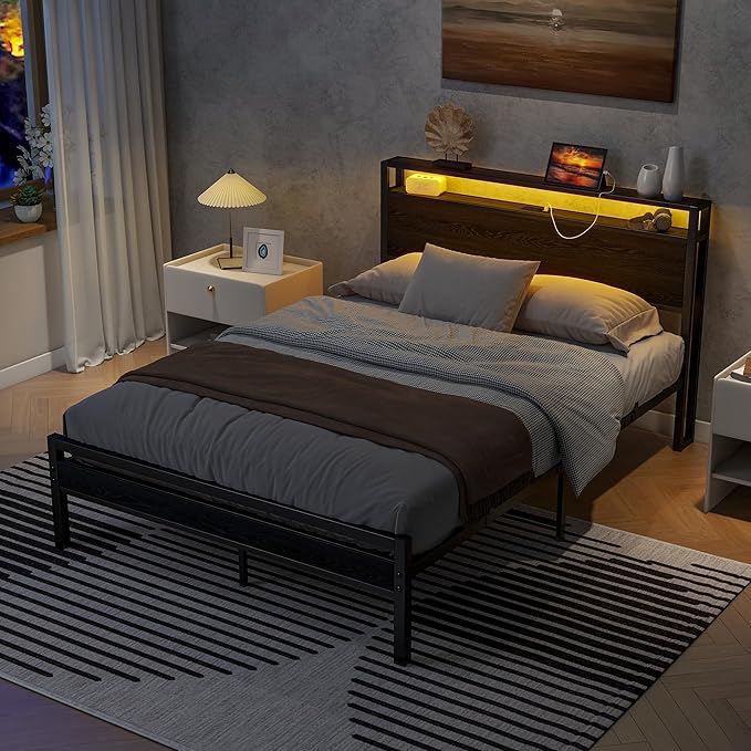 Full Size Bed Frame with Storage Headboard/LED Lights, Metal Bed Frame with Charging Station, Platform Bed Frame No Box Spring Needed, Heavy Duty Metal Slats Support, Black