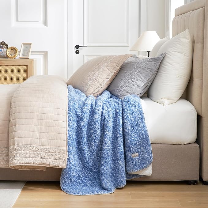 Cozy Bliss Ultra Soft Reversible Double Sherpa Sided Blanket, Fluffy Thick Warm Plush Fuzzy Blanket for Couch, Bed and Gifts (Mottled Navy Blue, 60" x 80")