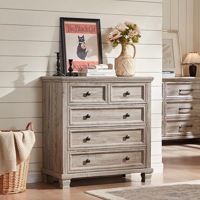 Farmhouse 5 Drawer Dresser for Bedroom, 33 Inch Tall Vintage Wood Chest of Drawers, Rustic Small Dressers w/Square Wooden Legs, Mid-Century Storage Organizer for Living Room, Grey