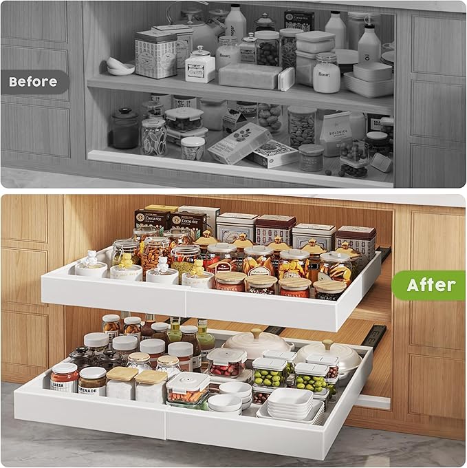 2 Pack Pull Out Cabinet Organizers 21" Deep With Raising Pad for Framed Cabinets, Expandable Width (15.2"-26.3") Slide Out Drawers Upgrade 3 Slide Rails, Roll Out Shelves Adhesive, White