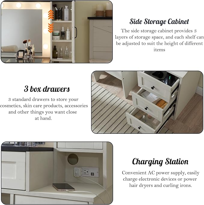 Farmhouse Vanity Desk with Mirror and Lights, 43" Wide Makeup Vanity with Glass Tabletop and Charging Station, Modern Vanity Table Set with Storage and Stool for Bedroom, Off White